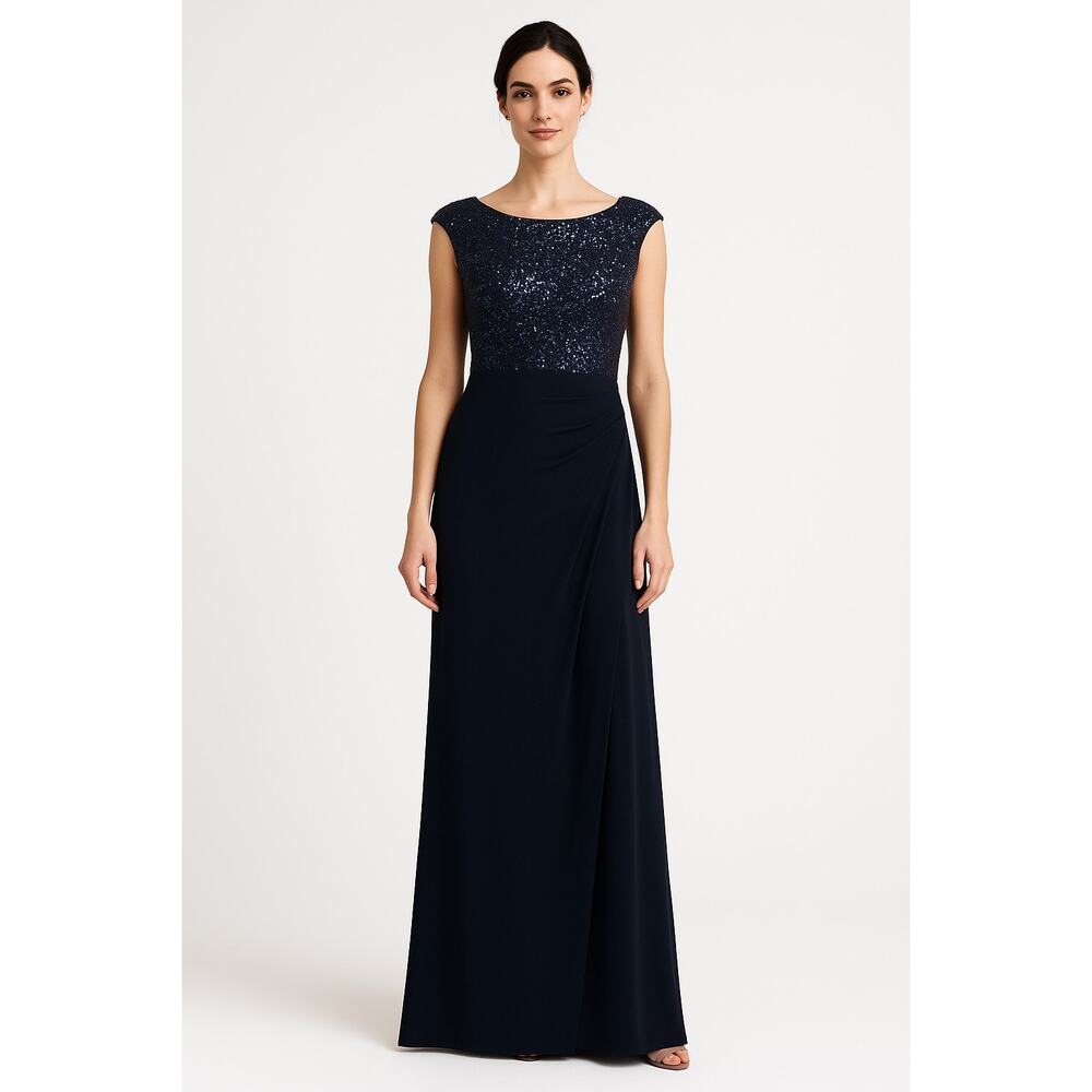 Lauren Ralph Lauren Evening Gown 2010s Navy Sequin Bodice Draped Skirt 8P